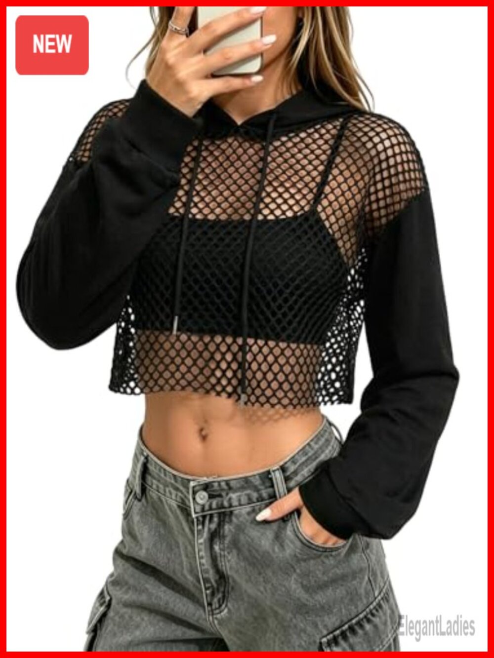 Remidoo Womens Cropped Hoodie Fishnet Mesh Long Sleeve Crop Top Sweatshirt